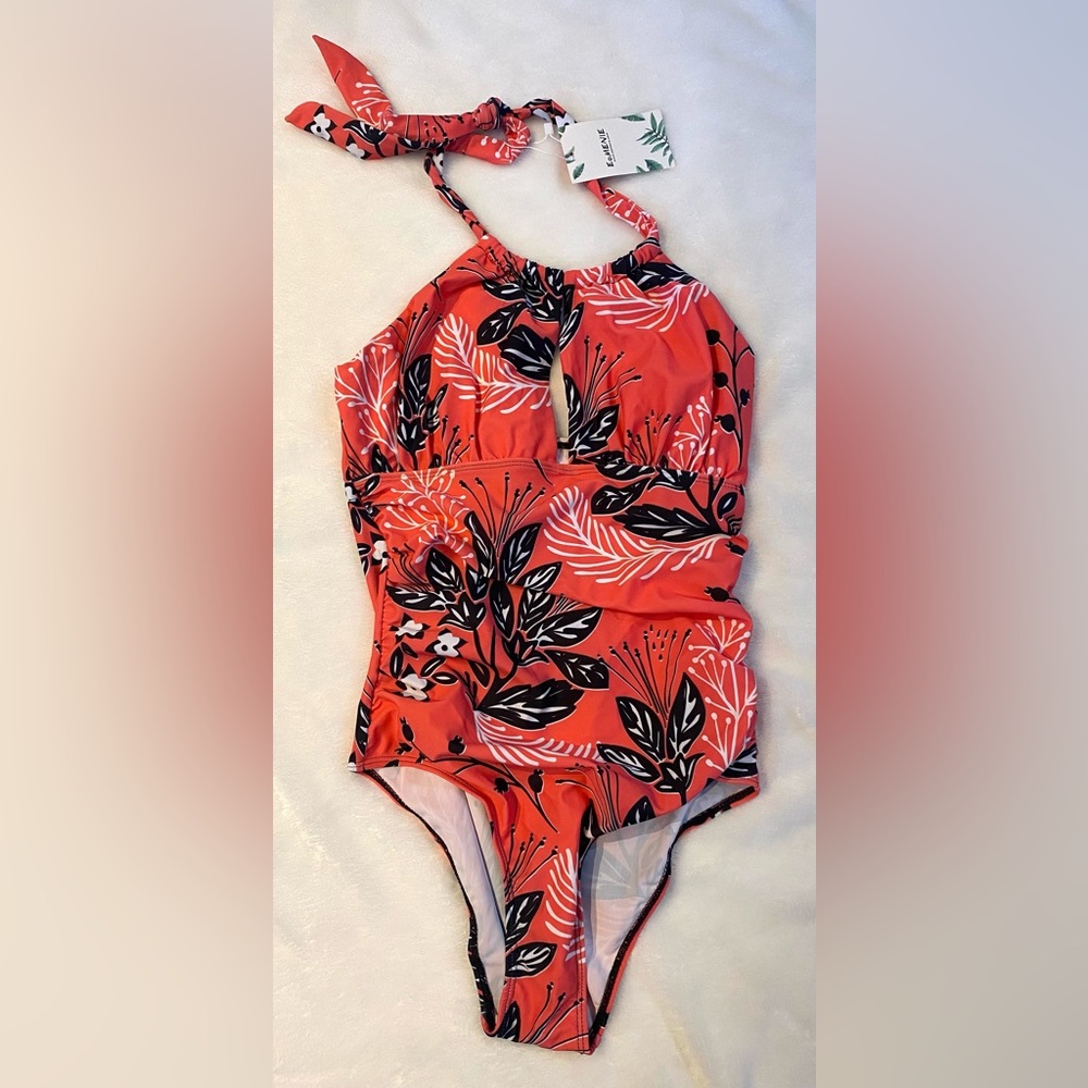 NET Floral Halter Swimsuit in Coral and Black floral design